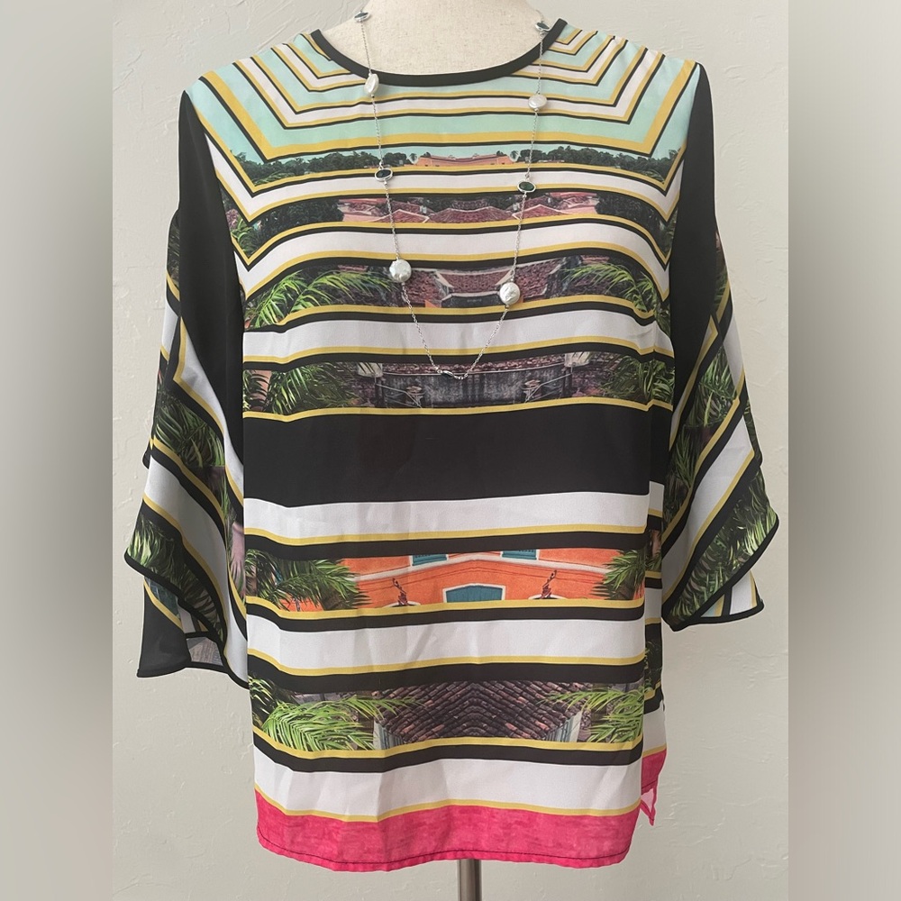 Clover Canyon Striped Multicolor Tropical Funnel Sleeve Top Small Made in USA